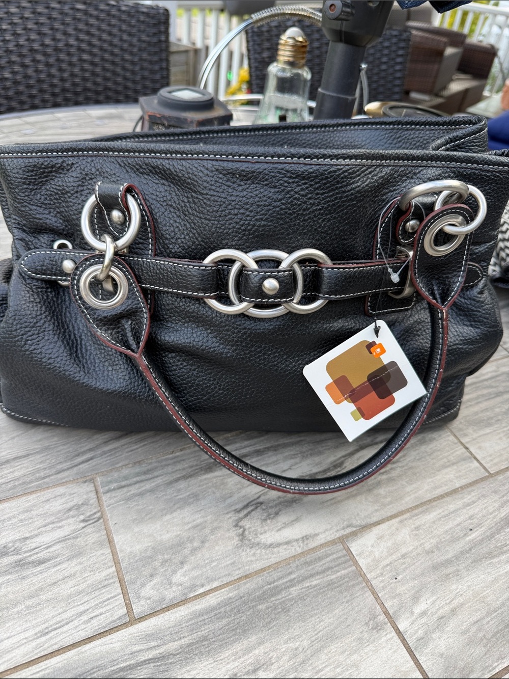 Wilsons Leather Black Shoulder Tote with Silver Ring Hardware
